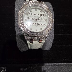 Adrienne Vittadini Silver Tone Glamour Sparkle White Band Watch